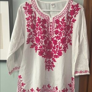 Women's White and Pink Embroidered Top